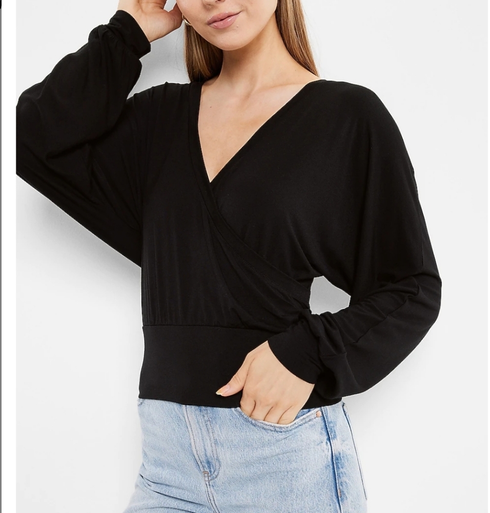 Evelyn & Annie Silky Black Balloon Sleeve Wrap Top Elegant Modcloth
